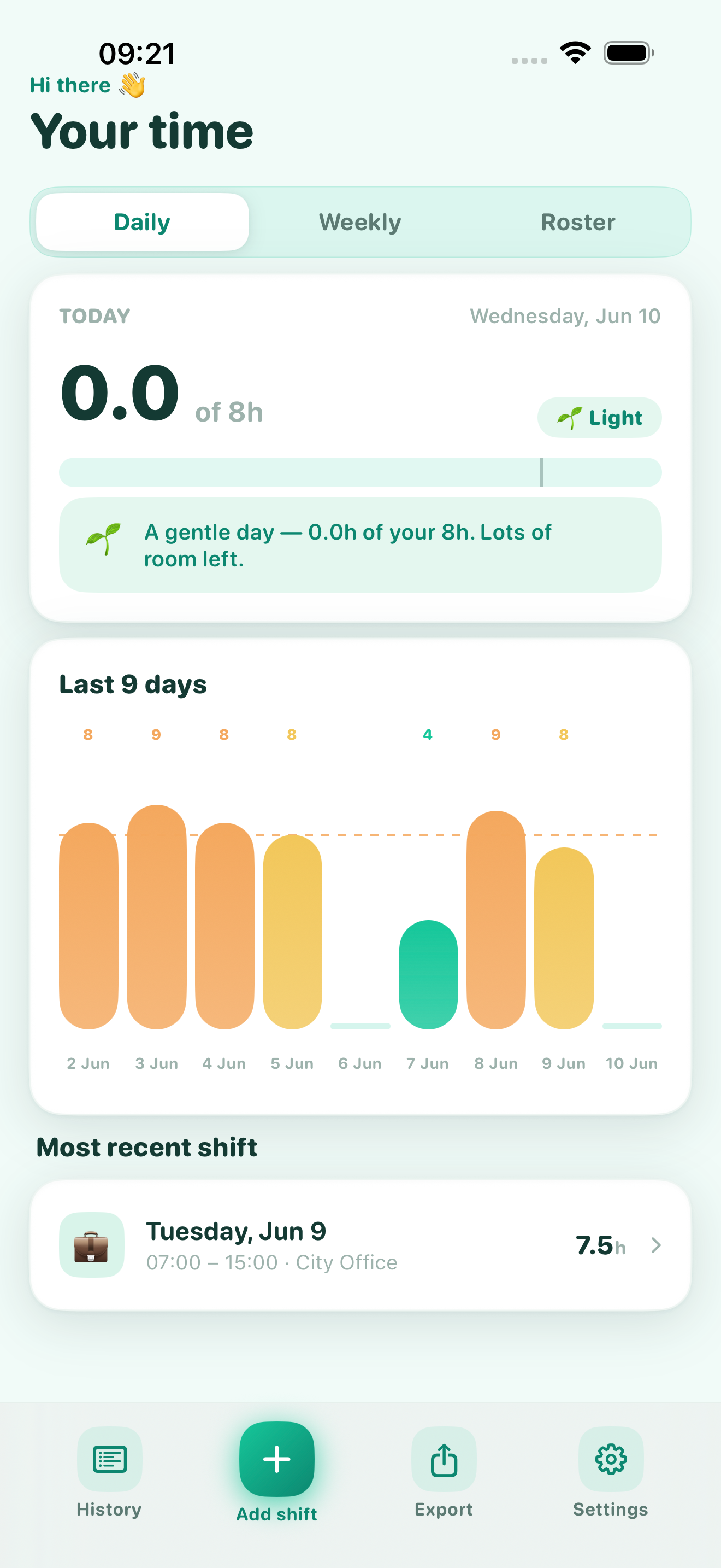 Chronos daily dashboard showing today's hours with an effort reading and a gentle wellbeing message