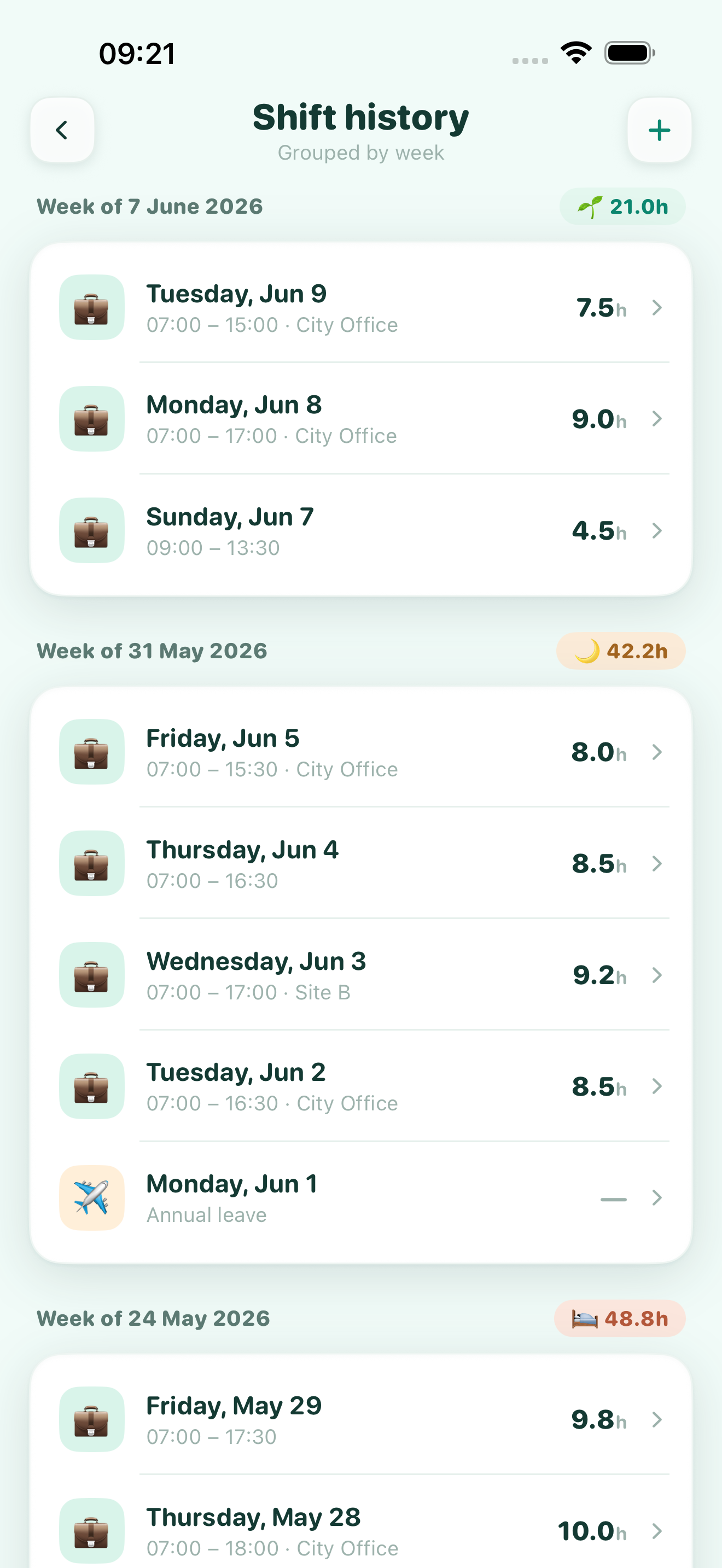 The shift history list grouped by date, each row tagged Normal, TOIL or Leave
