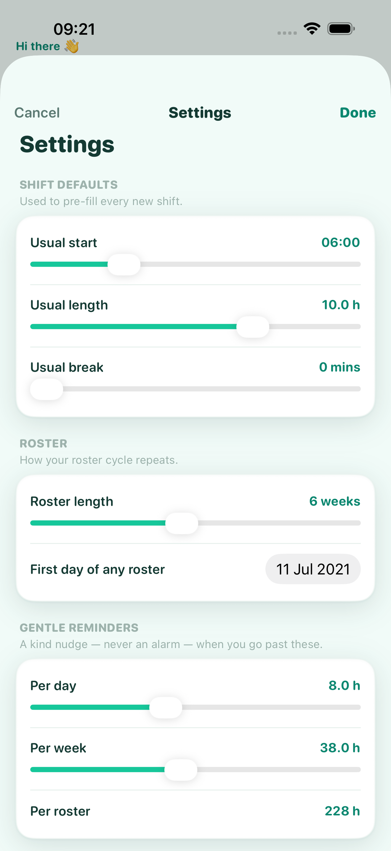 Settings with shift defaults, roster length, and Gentle reminders limits