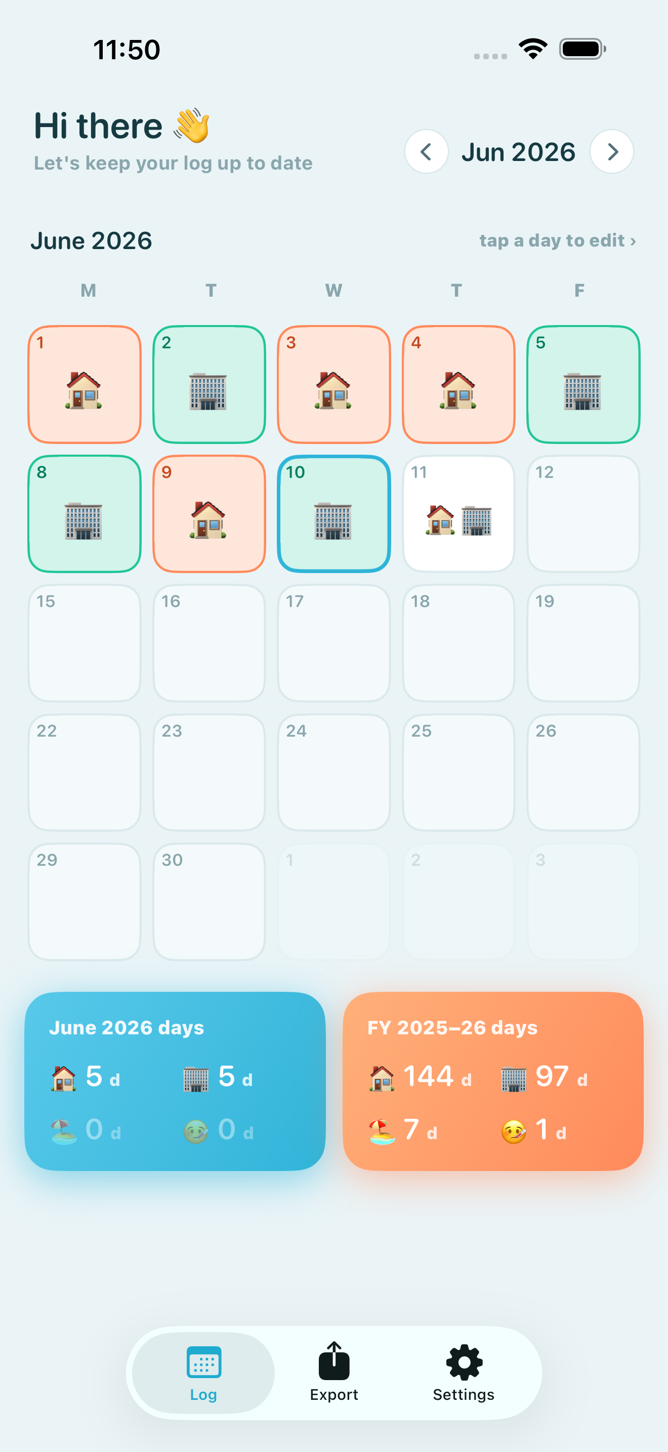 WFH Tracker calendar showing logged home and office days with monthly and financial-year totals