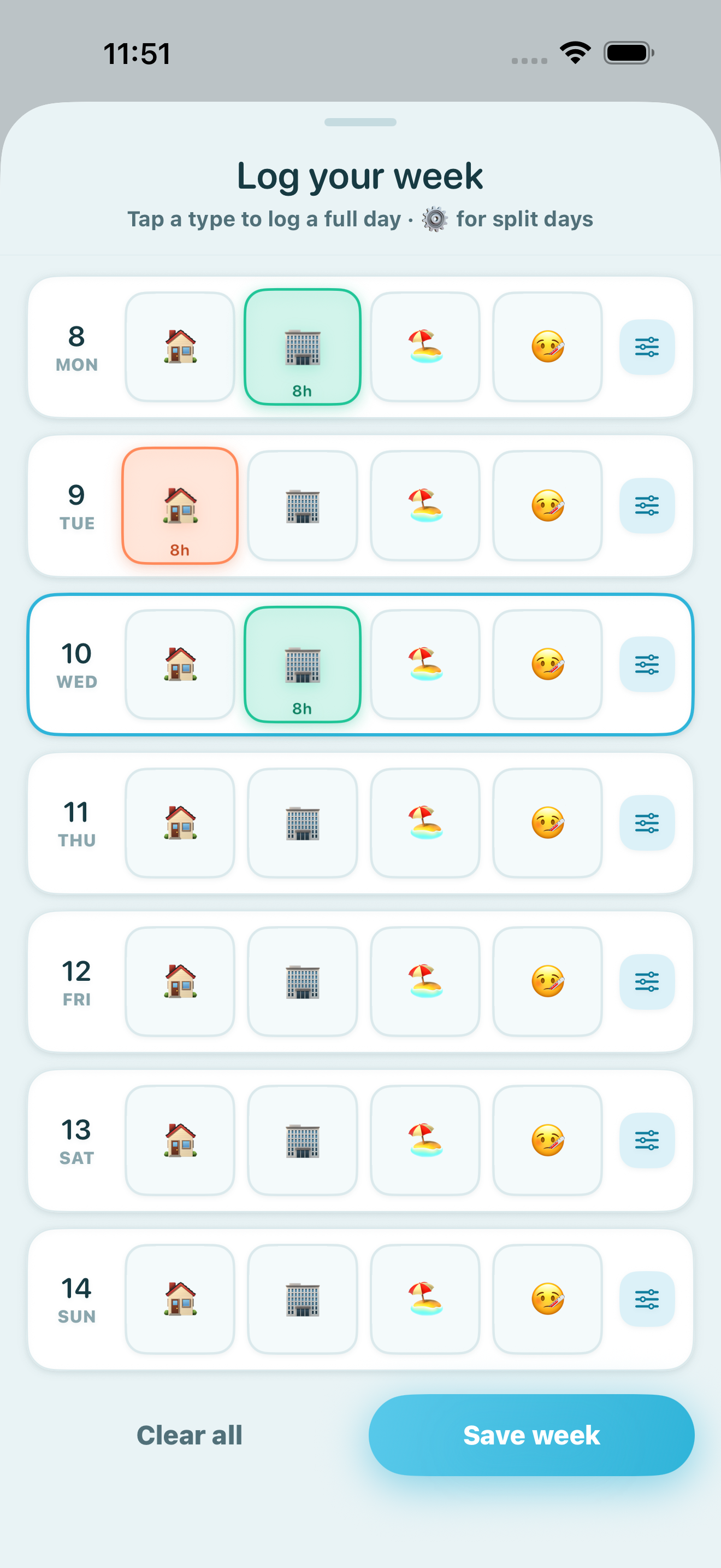The Log your week sheet with a row per day and tappable home, office, holiday and sick types