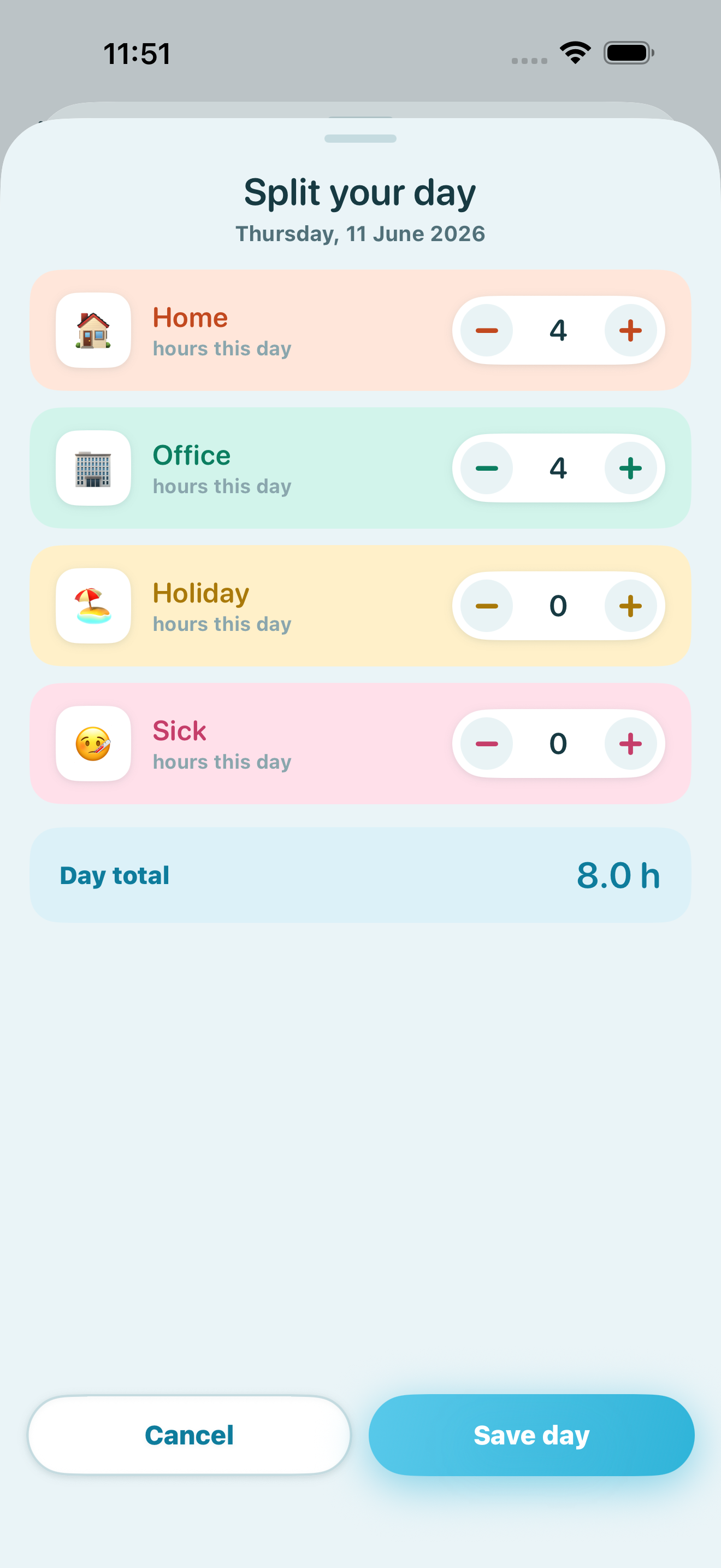 The Split your day screen with steppers for home, office, holiday and sick hours