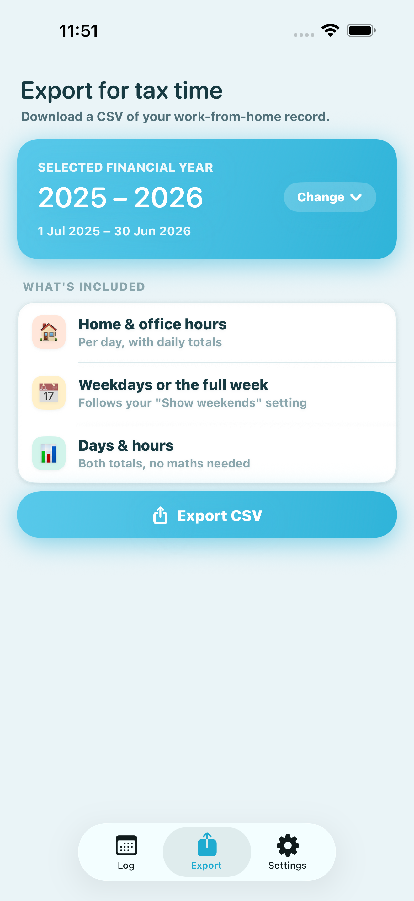 The Export for tax time screen showing the selected financial year and an Export CSV button